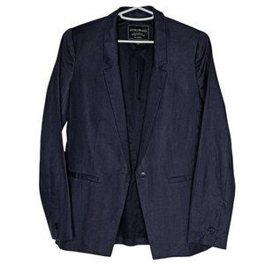 Lucky Brand Linen & Cotton Blend Navy Blue Herringbone Blazer Size XS NWOT
